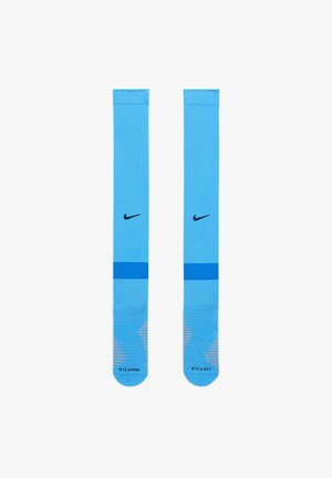 Blaue Sportstrümpfe mit einem einfarbigen oberen Teil, einem kontrastierenden blauen Band und einem Farbverlaufsmuster am Fuß, mit einem schwarzen Nike-Logo auf der Vorderseite.
