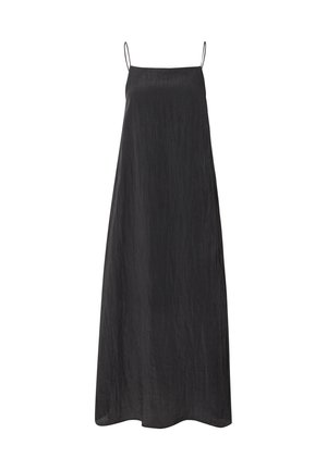 Zwarte mouwloze maxi-jurk met een losse silhoeet, gemaakt van een lichtgewicht stof. Heeft dunne spaghettibandjes en een gladde textuur.
