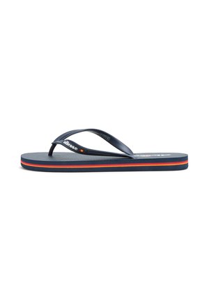 Marineblaue Flip-Flops mit orange-rotem Streifen am Sohlenrand, strukturiertem Fußbett und „ellesse“-Logo am Zehensteg.