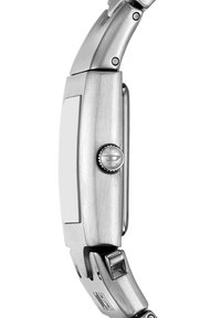 Edelstahl-Armbanduhr mit rechteckigem Gehäuse und glatter, polierter Oberfläche. Verfügt über eine Aufzugkrone und ein metallisches Armband.