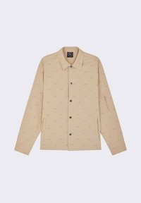 Chaqueta beige con cierre frontal abotonado, dos bolsillos laterales y un sutil patrón "PXP" en toda la superficie. Presenta un cuello y un bolsillo en la manga con cremallera.