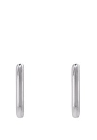 Orecchini a cerchio in metallo argentato con una finitura liscia e lucida, dalla forma cilindrica allungata, dotati di una piccola apertura nella parte superiore.