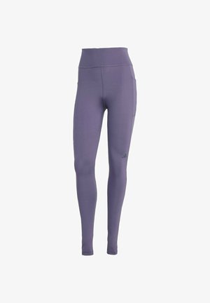 Paarse leggings met hoge taille en volledige lengte, zijzakken en een klein Adidas-logo op de linker dij.