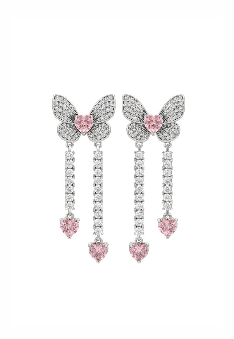 Orecchini a forma di farfalla in argento con pietre centrali a forma di cuore rosa e pendenti che presentano accenti di gemme chiare e rosa. Design delle ali intricato.
