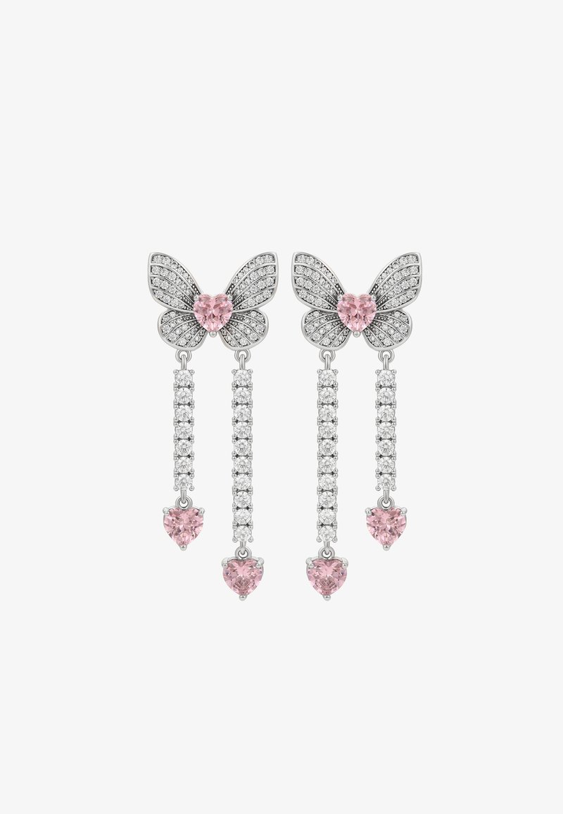 Orecchini a forma di farfalla in argento con pietre centrali a forma di cuore rosa e pendenti che presentano accenti di gemme chiare e rosa. Design delle ali intricato.