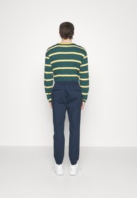 Grön och gul randig långärmad skjorta i kombination med navyblå byxor och vita sneakers, sedd bakifrån.