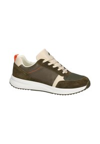Zapatilla deportiva con parte superior de ante oliva y cuero marrón, detalles en crema y etiqueta en el talón naranja. Suela blanca con textura.