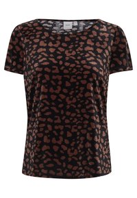 Top negro de manga corta con estampado de leopardo marrón, confeccionado en tela suave con corte holgado y escote redondo.