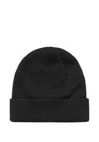 Svart stickad mössa med en texturerad yta, med en vikbar kant och en sömlös topp. Tillverkad av mjukt, elastiskt material.