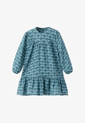 Robe à manches longues à motif floral en sarcelle, avec une taille froncée et un ourlet à volants. Confectionnée dans un tissu léger, avec un col rond.