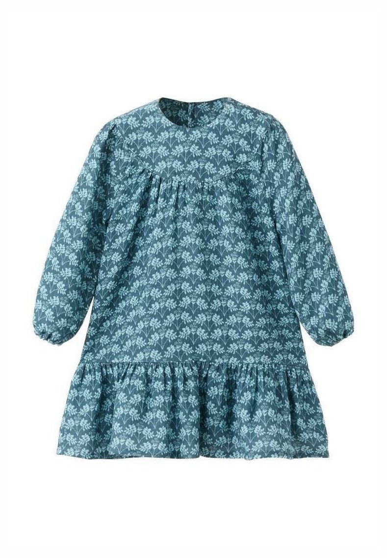 Floral-patterned, long-sleeve dress in teal with a gathered waist and ruffled hem. Made of lightweight fabric, featuring a round neckline.
