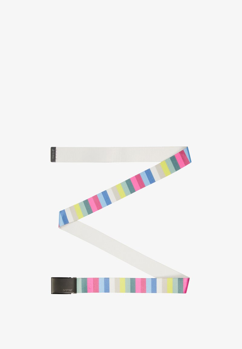 Mehrfarbiger Gürtel mit gestreiftem Muster in Pink, Blau, Grün und Gelb. Aus Stoff gefertigt, mit einer Metallschnalle, flaches Design und weißer Basis.