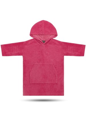 Rosa Kapuzen-Bademantel aus Plüschstoff. Verfügt über eine Vordertasche und weite Ärmel für zusätzlichen Komfort. Glatte Textur und übergroßes Design.