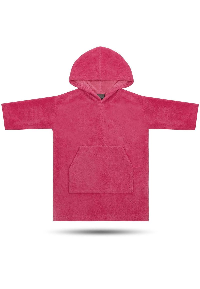 Rosa Kapuzen-Bademantel aus Plüschstoff. Verfügt über eine Vordertasche und weite Ärmel für zusätzlichen Komfort. Glatte Textur und übergroßes Design.