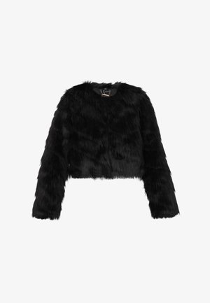 Fekete műszőrme cropped dzseki hosszú ujjal, puha tapintású, látható rögzítések vagy minták nélkül. Különböző alkalmakra megfelelő.