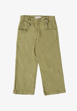 Pantalon en coton kaki avec une coupe droite, doté de deux poches avant et de détails en bouton au niveau de la taille.