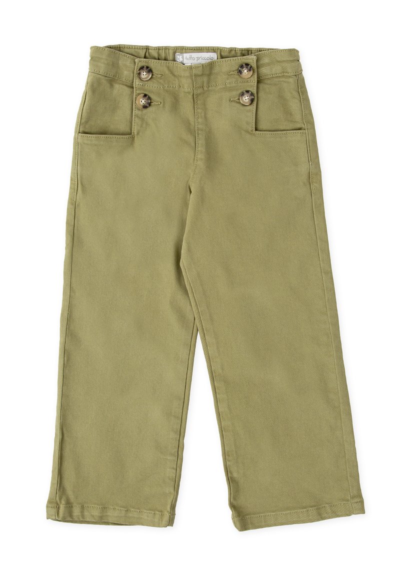 Pantalones de algodón color caqui con un diseño de pierna recta, que cuentan con dos bolsillos delanteros y detalles de botones en la cintura.