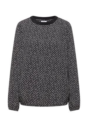 Langärmlige Bluse in Schwarzweiß mit geometrischem Muster, Rundhalsausschnitt und gerafften Manschetten. Weicher Stoff mit leichtem Textilgefühl.