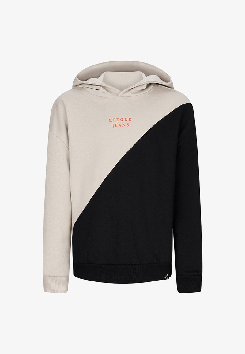 Felpa con cappuccio a blocchi di colore beige e nera, con tasca frontale e testo arancione "RETOUR JEANS" sul petto.