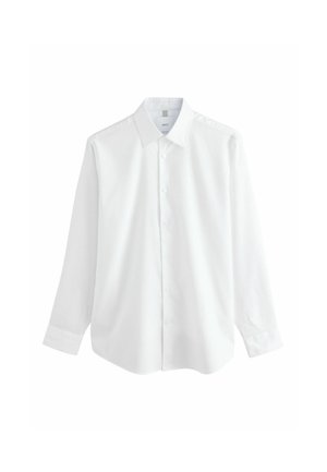 Camicia bianca a maniche lunghe con bottoni, colletto classico e polsini, mostrata su uno sfondo bianco uniforme.