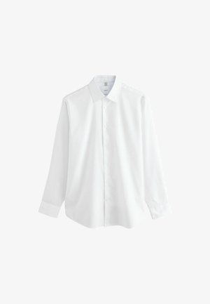 Biela košeľa s dlhým rukávom na gombíky, klasický golier a manžety, zobrazená na čistom bielom pozadí.