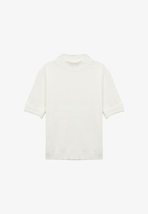 Weißer Kurzarmpullover mit hohem Kragen, aus einem weichen, glatten Strickmaterial gefertigt. Mit aufgeschlagenen Bündchen und geradem Saum.