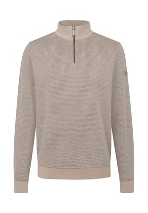 Leichter Herren-Pullover aus weichem beigen Stoff. Mit einem Reißverschlusskragen, strukturiertem Oberflächenmaterial sowie gerippten Bündchen und Saum.