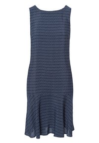 Ärmelloses Kleid in Marineblau mit einem geometrischen weißen Muster. Verfügt über einen runden Halsausschnitt und einen ausgehenden Saum für eine lockere Passform.