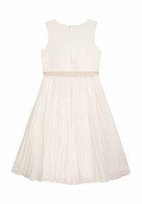 Weißes Kleid mit tailliertem Oberteil und ausgestelltem Rock. Der Rock ist plissiert, mit einem beigefarbenen Bund und einem dezenten Reißverschluss hinten.