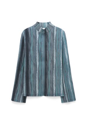 Langarmjack met rits, voorzien van verticale strepen in tinten blauw, grijs en teal, met een opstaande kraag.