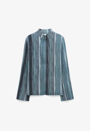 Langarmjack met rits, voorzien van verticale strepen in tinten blauw, grijs en teal, met een opstaande kraag.