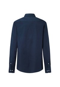 Camisa de manga larga azul marino, tejido de mezcla de algodón, puños abotonados, cuello clásico, textura suave, la vista trasera muestra líneas limpias y sin patrones.