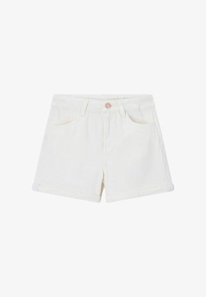 Short en denim blanc avec ourlets repliés, poches avant, passants de ceinture et fermeture par bouton métallique.