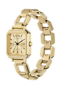 Goldfarbene quadratische Armbanduhr mit verknüpftem Band, goldfarbenem Zifferblatt, schwarzen Stundenmarkierungen und drei schwarzen Zeigern, die die Uhrzeit 10:09:33 anzeigen.