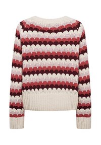 Gebreide trui met een ronde hals, voorzien van horizontale strepen in tinten bordeaux, roze en crème, met een gestructureerde stof en ribbelrand.