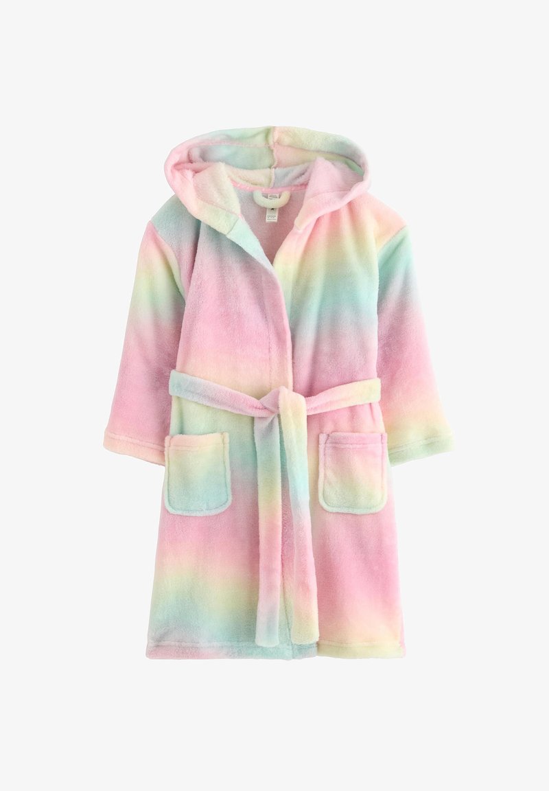 Fluffy, pastelbicolor badjas met een regenboogverloop. Voorzien van een capuchon, strikceintuur en twee voorkantenzakken. Zachte textuur, korte mouwen.