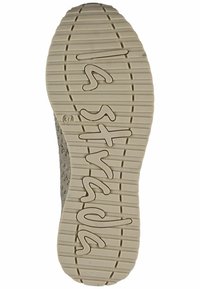 Beige rubber zool met een gestructureerd profiel, met de merknaam "Strada" erin gedrukt, maatindicator 37 dichtbij de hak.