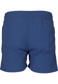 Siniset uimapöksyt, joissa on joustava vyötärö, sivutaskut ja kevyt, sileä rakenne. Pöksyt ovat polven ylle ulottuvat.