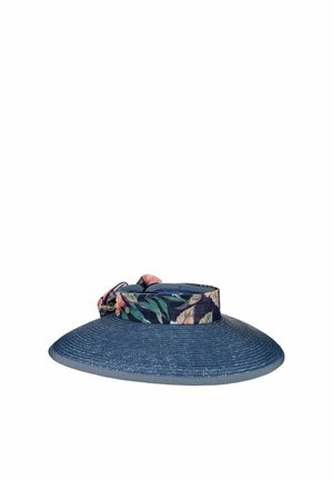Wide-brimmed blue sun visor hat with a dark floral patterned band and bow around the headband area.