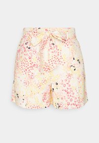 Shorts à fleurs dans des couleurs pastel avec un détail nœud papillon à la taille, fabriqués en tissu léger à texture lisse.