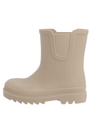 Beige Gummistiefel mit strukturiertem Finish, robustem Profilsohle und elastischen Seiteneinsätzen. Rundspitze und robuste Konstruktion.