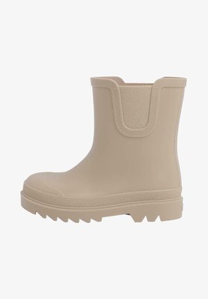Beige Gummistiefel mit strukturiertem Finish, robustem Profilsohle und elastischen Seiteneinsätzen. Rundspitze und robuste Konstruktion.