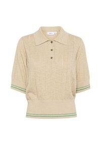 Beige polo-style top made of textured knit fabric, featuring a collar, four brown buttons, and green and white stripes on the sleeves.