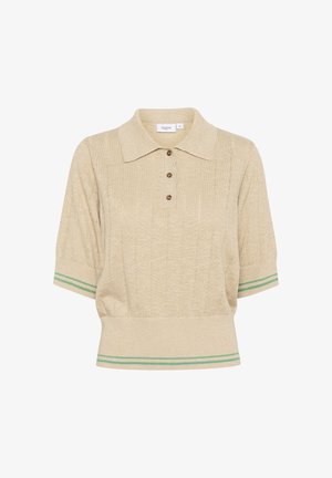 Beżowa koszulka polo z teksturowanej dzianiny, z kołnierzykiem, czterema brązowymi guzikami i zielono-białymi paskami na rękawach.
