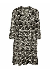 Robe à imprimé léopard beige et noir, avec un col en V, une fermeture à boutons sur le devant, des manches trois-quarts et un ourlet à volants superposés. Tissu au toucher doux.