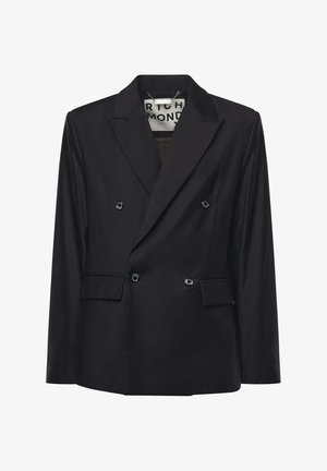 Dubbelzijdige zwarte blazer van gladde stof, met twee voorkruiszakken en glanzende ronde knopen, met gegoten revers en een getailleerde pasvorm.