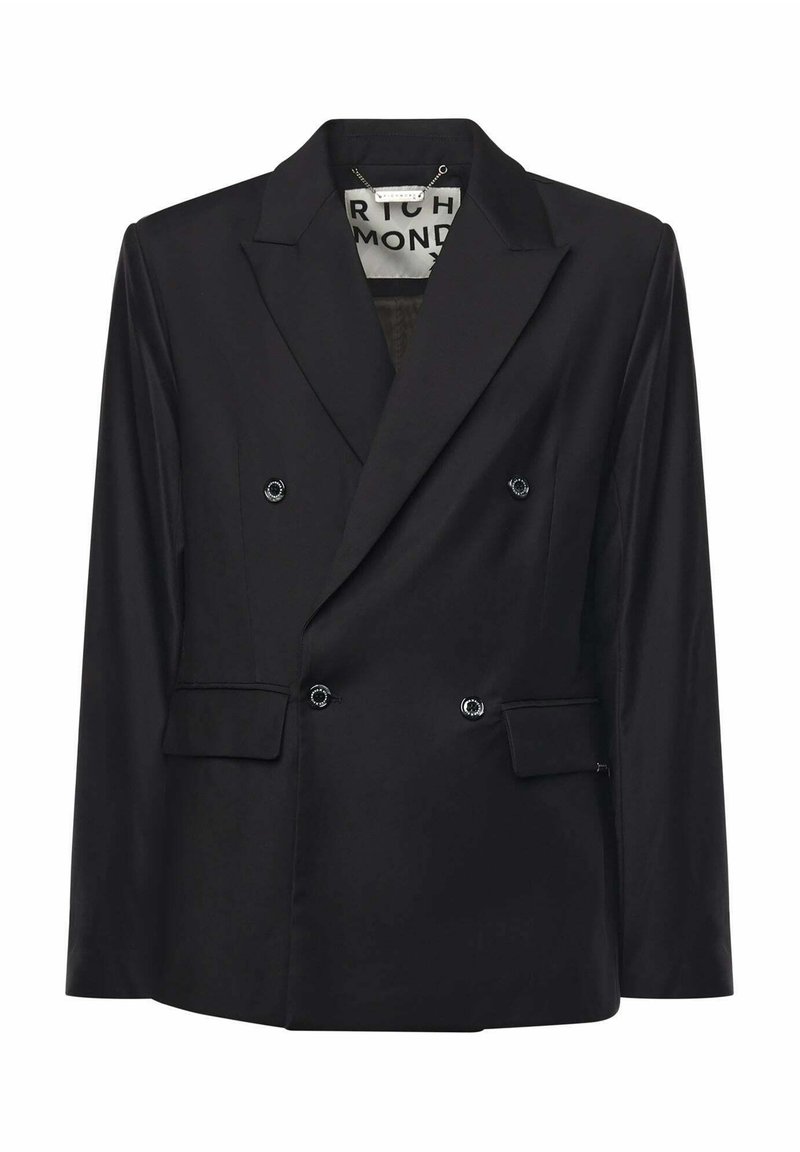 Blazer negro de doble botonadura hecho de un tejido suave, que cuenta con dos bolsillos frontales y botones circulares brillantes, con solapas muestradas y un ajuste entallado.