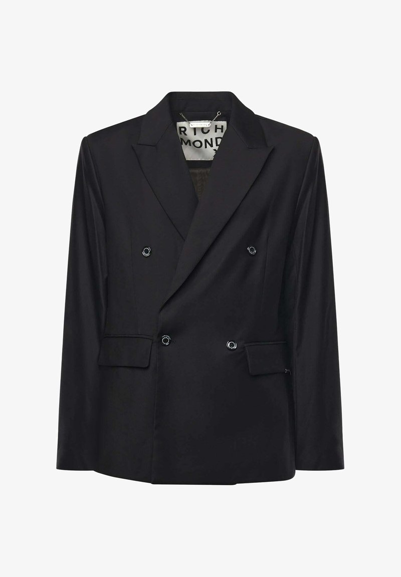 Blazer negro de doble botonadura hecho de un tejido suave, que cuenta con dos bolsillos frontales y botones circulares brillantes, con solapas muestradas y un ajuste entallado.