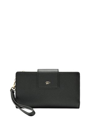 Czarny skórzany portfel z teksturowaną powierzchnią, złotym logo, zapięciem na klapkę i paskiem na nadgarstek. Kompaktowy prostokątny kształt, minimalistyczny design.