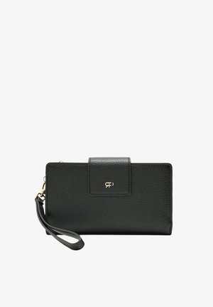 Czarny skórzany portfel z teksturowaną powierzchnią, złotym logo, zapięciem na klapkę i paskiem na nadgarstek. Kompaktowy prostokątny kształt, minimalistyczny design.